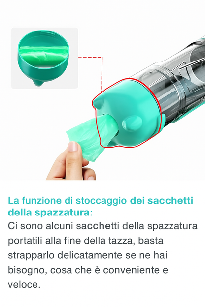 HydraPet 4-in-1 – Borraccia Portatile per Cani e Gatti con Snack, Sacchetti e Paletta