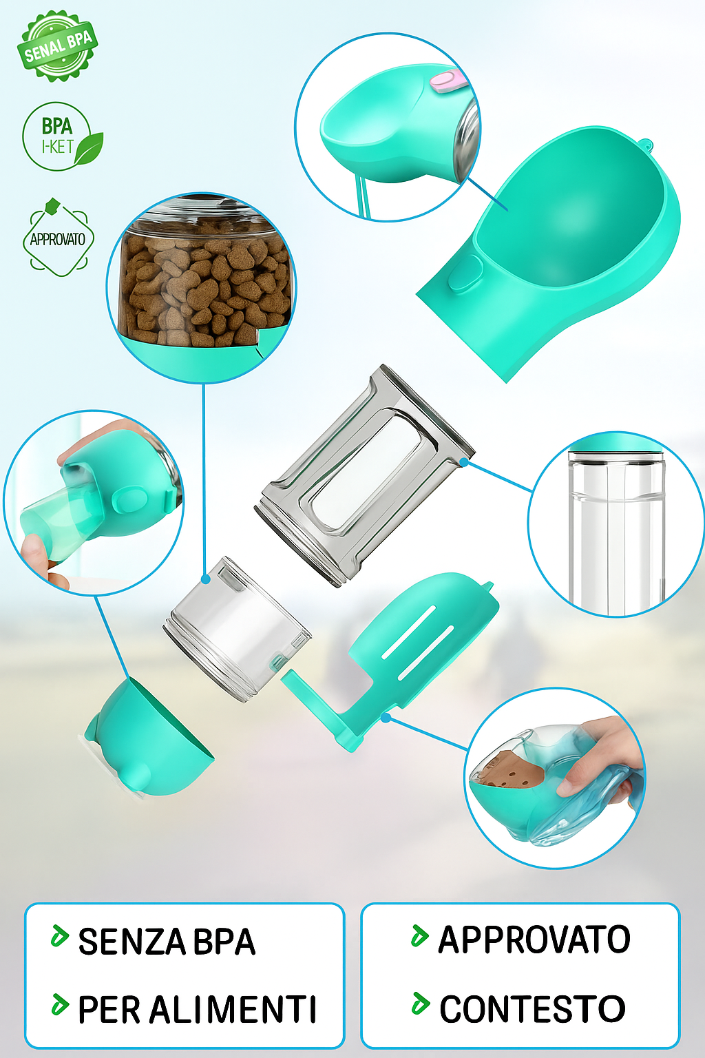 HydraPet 4-in-1 – Borraccia Portatile per Cani e Gatti con Snack, Sacchetti e Paletta