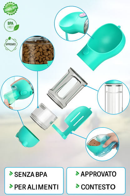 HydraPet 4-in-1 – Borraccia Portatile per Cani e Gatti con Snack, Sacchetti e Paletta