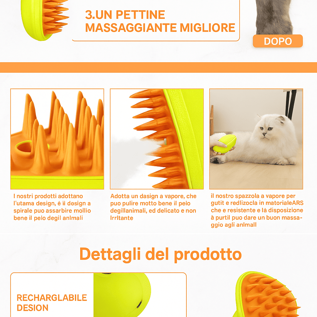 Spazzola a Vapore per Cani e Gatti 2 in 1 – Pettine Massaggiante Antigrovigli